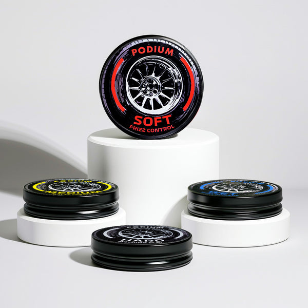 Podium hair pomades for a shine or matte finish with soft to strong hold